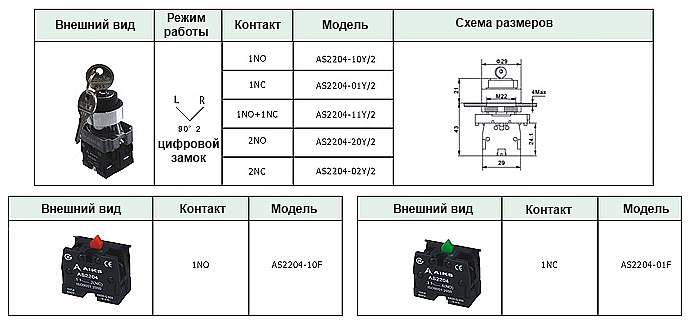 Переключатель с ключом AIKS AS2204 таблица и схема
